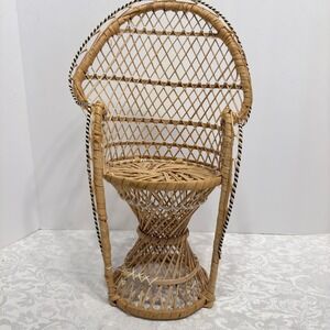 Wicker Peacock Fan Rattan Chair 16" Doll House Plant Stand Boho Decor Vintage